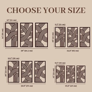 May include: Wooden wall art panels with a geometric design. The image shows various size options, including a set of three panels that are 36 inches wide (91.4 cm) and 24 inches tall (61 cm). The text "CHOOSE YOUR SIZE" is at the top.