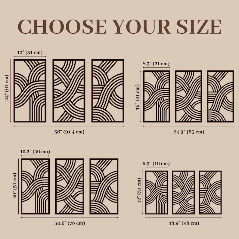 May include: Wooden wall art panels with a geometric design. The image shows various size options, including a set of three panels that are 36 inches wide (91.4 cm) and 24 inches tall (61 cm). The text "CHOOSE YOUR SIZE" is at the top.