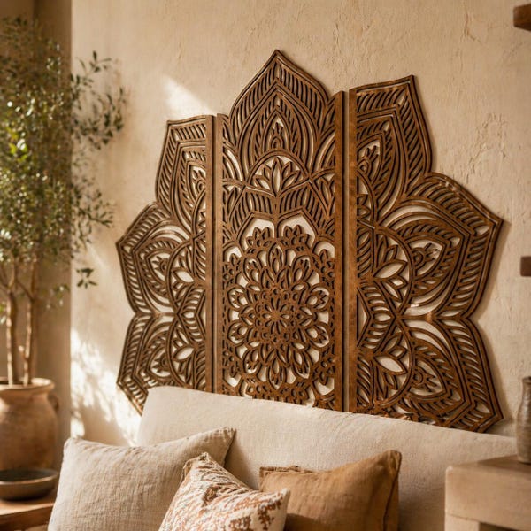 Cabecero King, Cama King Mandala, Cabecero de media luna, Panel de pared para cama, Arte de madera Mandala, Cabecero Boho, Decoración para encima de la cama, Panel de pared de madera