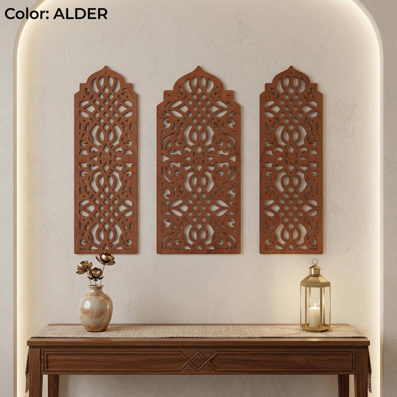 Flower Geometry Problems Moroccan Wall Panel, Islamic Wall Decor, 3 Piece Wall Art, Wood Accent ...