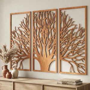 Levensboom hout, kunst aan de muur drie panelen, modern boho houtdecor, drieluik wandpanelen, kunst aan de grote houten muur, minimalistische kamerinrichting