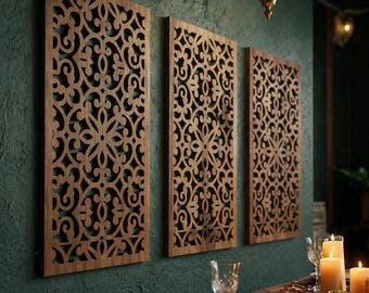 Marokkanische Wandkunst, Islamische Wandkunst, 3-Panel Wandkunst, Holzwandplatte, Geometrische Wandkunst, Boho Holz Wandkunst, Triptychon Wandkunst