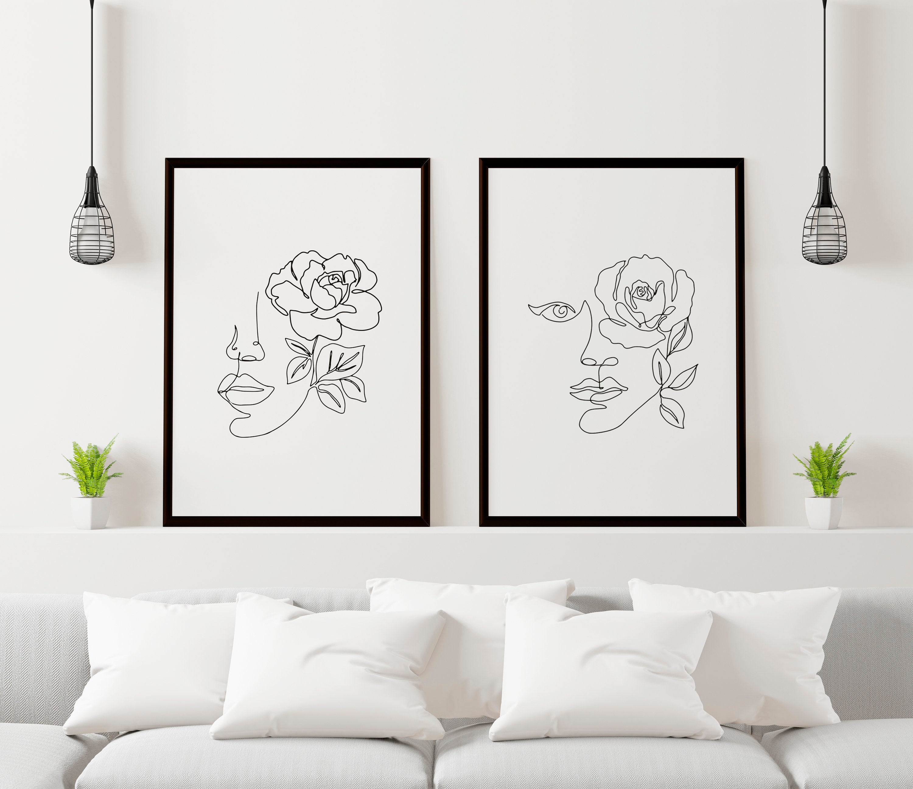 Female Face Line Art Line Art Face With Flowers Woman Face - Etsy