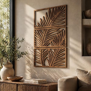 Tropical Wall Art, Japandi Wall Decor, Palm Leaf Art, Botanical Triptych, 3 Panel Wall Art, Wood Wall Panels, Above Bed Decor, Wood Wall Art