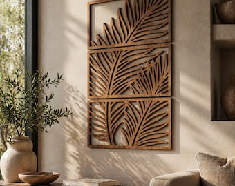 Tropische Wandkunst, Japandi Wanddekor, Palmenblattkunst, Botanisches Triptychon, 3-teilige Wandkunst, Holzwandpaneele, Über dem Bett Dekor, Holzwandkunst