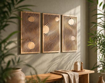 Träväggpaneler, Träväggpaneler, Bohemisk väggdekor, 3-delad väggkonst, Triptykväggkonst, Mid-Century Modern, Geometrisk träkonst