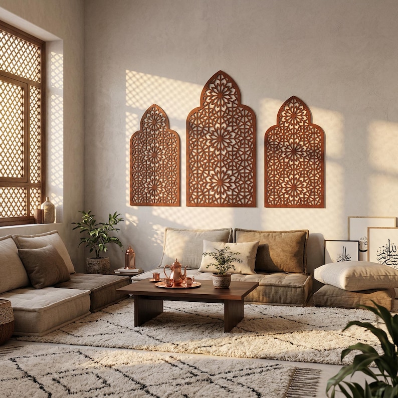 Marockansk väggpanel, islamisk väggdekor, marockansk träpanel, triptykväggkonst, 3-delad väggkonst, träaccentvägg, ramadanväggdekor bild 10