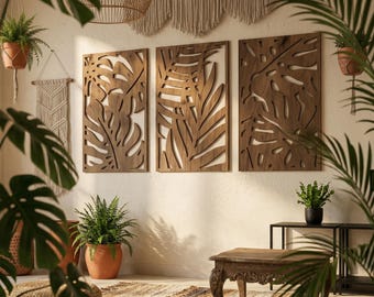 Boho väggdekor, träväggpaneler, monstera väggkonst, botanisk väggkonst, 3-delad väggkonst, snidad träväggkonst, tropisk väggkonst