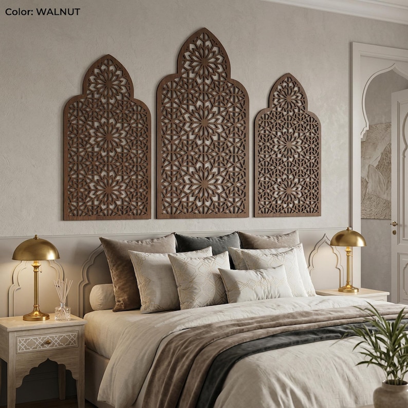 Marockansk väggpanel, islamisk väggdekor, marockansk träpanel, triptykväggkonst, 3-delad väggkonst, träaccentvägg, ramadanväggdekor bild 9