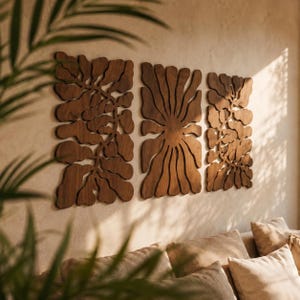 Mid Century Wall Art, Botanical Triptych, Set Of 3 Wall Art, Large Wooden Art, Boho Wall Decor, Above Bed Decor, Japandi Wall Decor
