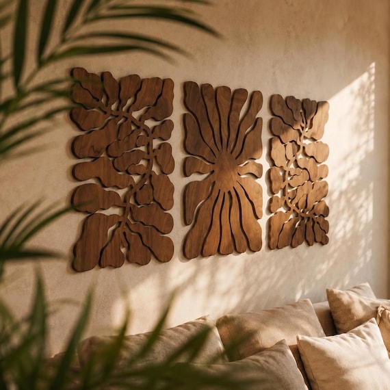 Mid Century Wall Art, Botanical Triptych, Set Of 3 Wall Art, Large Wooden Art, Boho Wall Decor, Above Bed Decor, Japandi Wall Decor