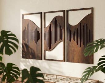 Ljudvågskonst, Japandi-väggkonst, Parametrisk konst, 3-panels väggkonst, Träväggkonst, Modern träkonst, Dekor ovanför sängen, Triptykväggkonst