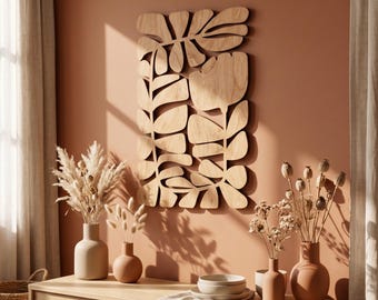 Botanisk väggkonst, väggkonst i mitten av århundradet, träväggpanel, bohemisk sovrumsdekor, japansk väggkonst, stor träkonst, dekor ovanför sängen