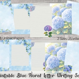 Papel de papelería con hortensias de acuarela, papel con membrete rayado y sin raya, tamaño A4 y carta (EE. UU.), tema de hortensias azules, descarga instantánea en PDF.