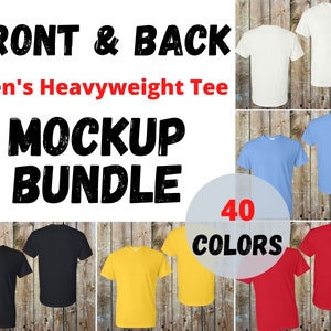 Front and Back T-shirt Mockup Bundle, Dark Wood Background, Unisex Design Template, Gildan Print on Demand Mockup Bundle