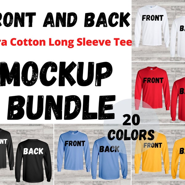 Front and Back Long Sleeve Tee Mockup Bundle, White Wood Background, Unisex Design Template,  Print on Demand Mockup Bundle