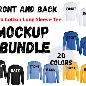 Front and Back Long Sleeve Tee Mockup Bundle, White Background, Unisex Design Template, Tee Print on Demand Mockup Bundle