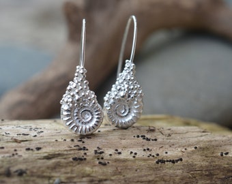 Sterling silver ammonite fossil long drop dangle earrings with granulation