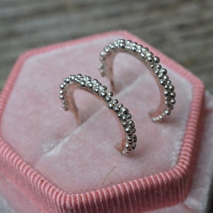 Small open c shaped hoop stud earrings with granulation grains bubbles
