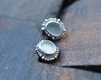 Sterling silver stud earrings with sea glass and granulation