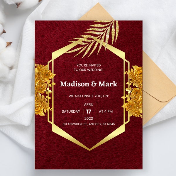 Wine & Gold Glam: Digital Editable Birthday Invitation with Customizable Link on Wine and Gold Background