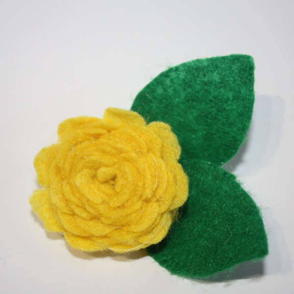 Handmade Yellow Felt Flower Brooch  Badge Pin Jewellery Contemporary Accessory Clothing Decoration Clip Clasp Green Leaf Nature Bloom