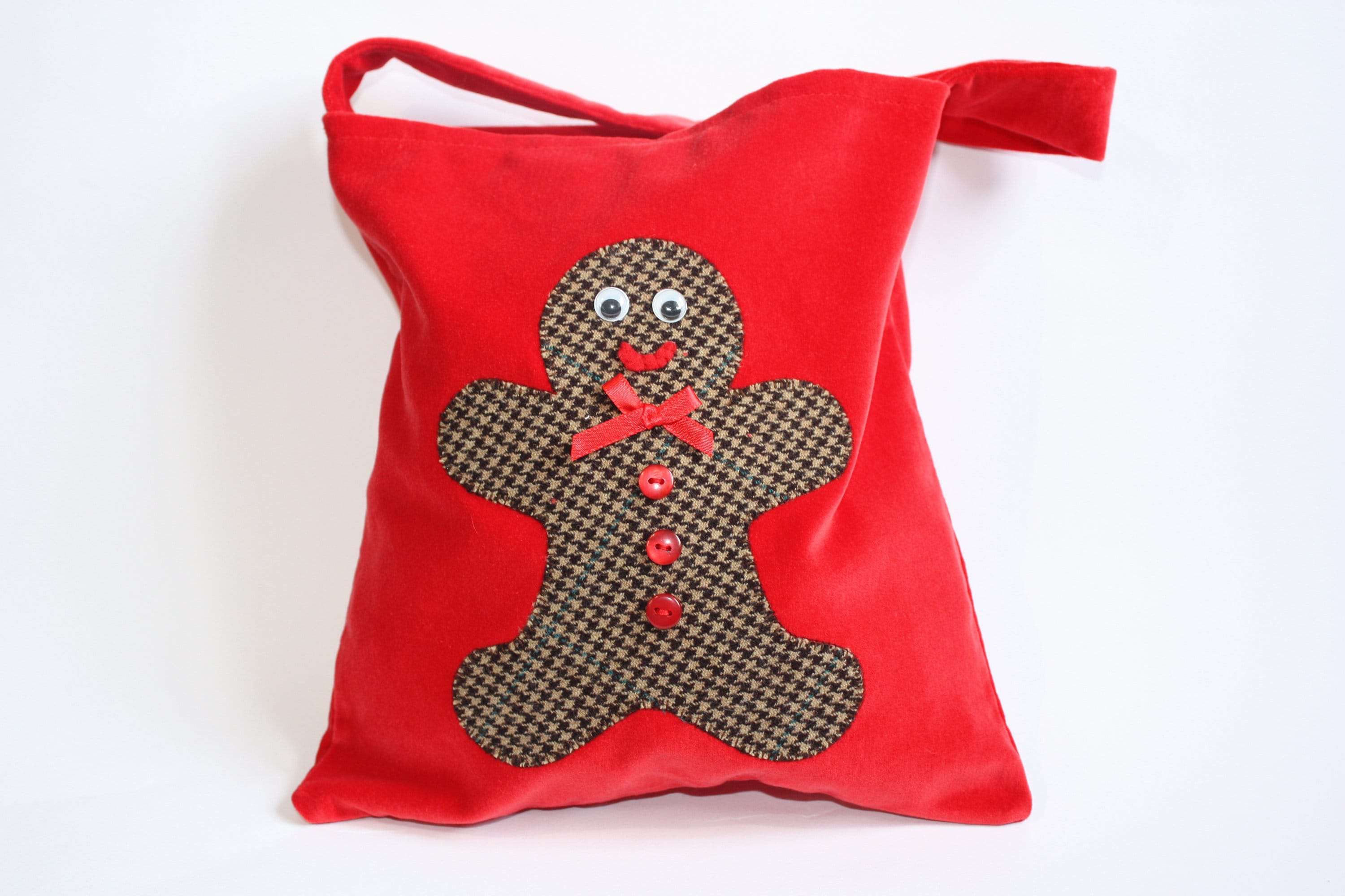 Handmade Gingerbread Man Gift Bag Reusable Red Velvet Applique Tweed