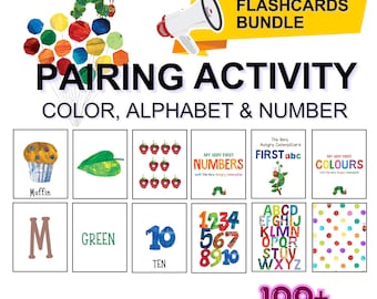 Tarjetas didácticas de La Oruga Muy Hambrienta: Colores, Alfabeto y Parejas de Números (Descargar PDF)