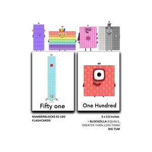Puede incluir: Tarjetas didácticas de Numberblocks con personajes que representan los números 51, 60, 70, 80 y 100. Las tarjetas miden 12,7 x 8,9 cm e incluyen el texto "Fifty one" y "One Hundred". El conjunto también incluye el texto "NUMBERBLOCKS 51-100 FLASHCARDS".