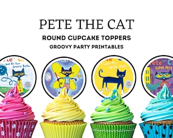 May include: Four cupcakes with vibrant frosting and Pete the Cat toppers. The toppers display Pete the Cat in different designs, with text including "Le and His Four Groovy Buttons", "LOST", "I Love My White Shoes", and "Super Pete".