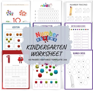 May include: A collection of colorful kindergarten worksheets with various math exercises. The worksheets include number tracing, addition, subtraction, and number order activities. The title "Number Blocks Kindergarten Worksheet" is prominently displayed.