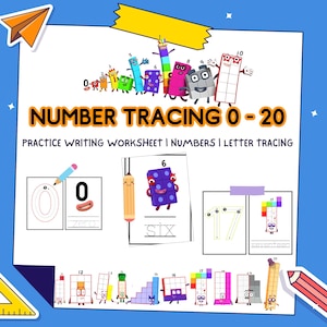 May include: A colorful worksheet for kids to practice tracing numbers 0-20. The worksheet features cartoon characters and grid squares to help children learn to write numbers. The title of the worksheet is "NUMBER TRACING 0-20".