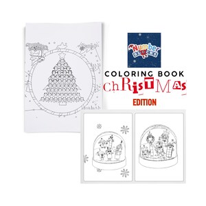 May include: A coloring book with a Christmas theme. The cover features a Christmas tree made of Numberblocks characters inside a circle. The book includes the text "COLORING BOOK Christmas EDITION". Additional pages show Numberblocks in snow globes.