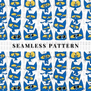 Puede incluir: Un patrón sin costuras que presenta un gato azul con ojos amarillos y diferentes expresiones faciales. El gato se repite en todo el patrón, creando un diseño divertido y juguetón.