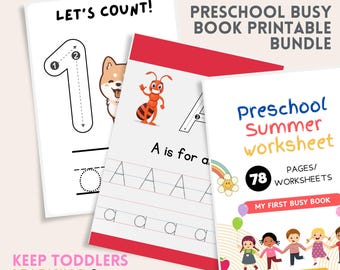 Könnte beinhalten: Ein Set mit Vorschul-Lernmaterialien. Das Bild zeigt ein Bündel druckbarer Arbeitsblätter mit farbenfrohen Illustrationen. Die Arbeitsblätter umfassen Zählen, das Nachzeichnen des Alphabets und ein Sommer-Aktivitätsbuch mit 78 Seiten. Text enthält "Let's Count!", "A is for a".