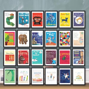 May include: A collection of twenty-four framed children's book covers arranged in a grid. The prints feature iconic illustrations and titles including The Very Hungry Caterpillar, The Cat in the Hat, The Rainbow Fish, Elmer, and The Gruffalo.