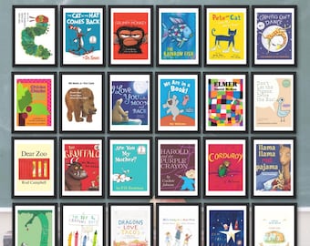 May include: A collection of twenty-four framed children's book covers arranged in a grid. The prints feature iconic illustrations and titles including The Very Hungry Caterpillar, The Cat in the Hat, The Rainbow Fish, Elmer, and The Gruffalo.