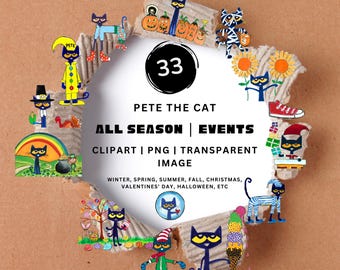 ピート・ザ・キャット クリップアート バンドル: 季節ごとの PNG 画像 33 枚 (デジタル ダウンロード)