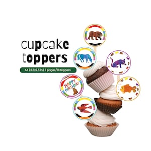 以下が含まれることがあります： カラフルな動物のイラストと「HAPPY BIRTHDAY」の文字が入ったカップケーキトッパー。トッパーは木の棒に刺されており、カップケーキと一緒に飾られています。「cupcake toppers」の文字も表示されています。