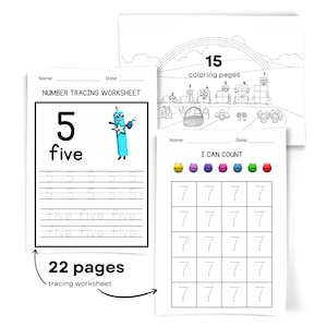 May include: A set of children's educational worksheets. The worksheets include number tracing, counting, and coloring pages. The cover of the worksheet says "NUMBER TRACING WORKSHEET" and "I CAN COUNT". The image also includes the text "22 pages tracing worksheet" and "15 coloring pages".