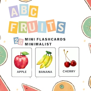 Cartes éclair ABC sur les fruits | Mini-cartes de vocabulaire de A à Z | Téléchargement numérique pour les enfants d'âge préscolaire | Activité Montessori | 26 cartes de fruits minimalistes | Livre occupé