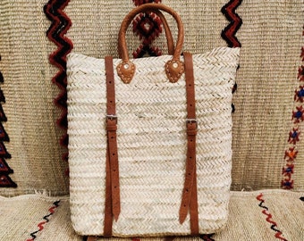 Hipster Moroccan Straw Ba Sac à dos avec poignées en cuir Français Panier marocain paille français panier du marché Beach Bag