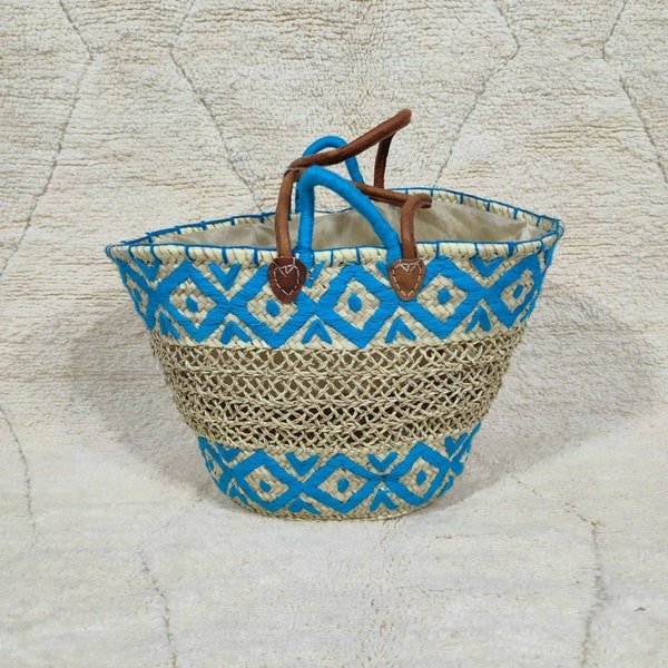 Market Basket Bag Asas de cuero, Panier en paille marocain fait main, French Basket Bag, best Gift For Her