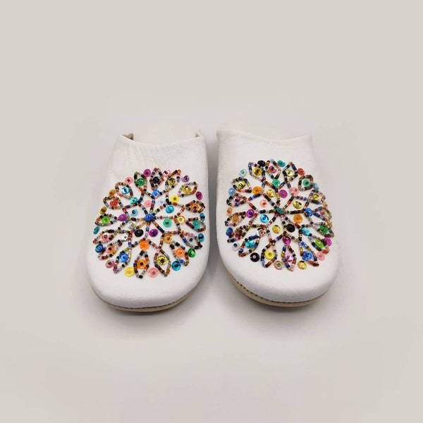 Moroccan Sequin Babouche Slippers, Babouche for Women, Moroccan Slippers, Handmade Leather Slippers , Mules, Star Design , Best gift for her