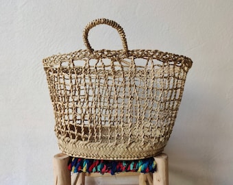 Straw mesh basketball bag, shopping cart, handmade Moroccan straw basket, French basketball bag, beach bag