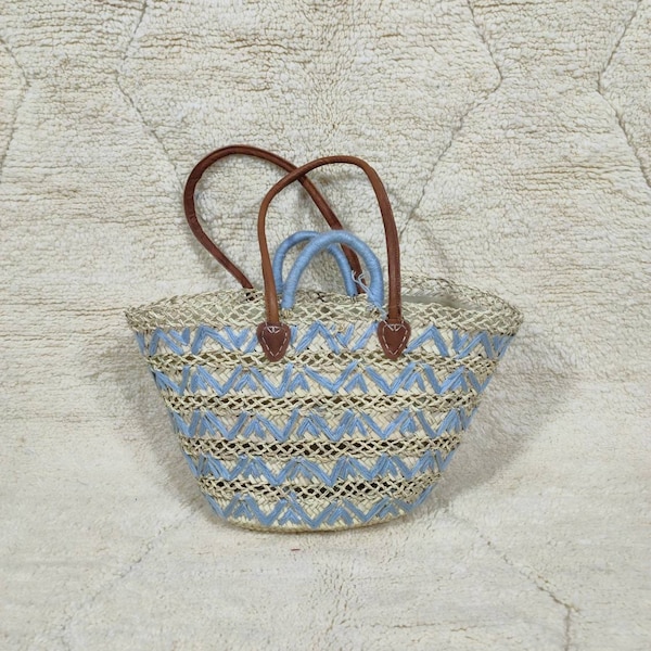 Market Basket Bag Asas de cuero, Panier en paille marocain fait main, French Basket Bag, best Gift For Her