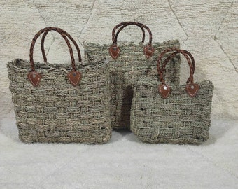 Set Of 3 Straw Bag , Moroccan Basket with Leather Handles , Straw basket bag For Market , Straw Picnic Bag