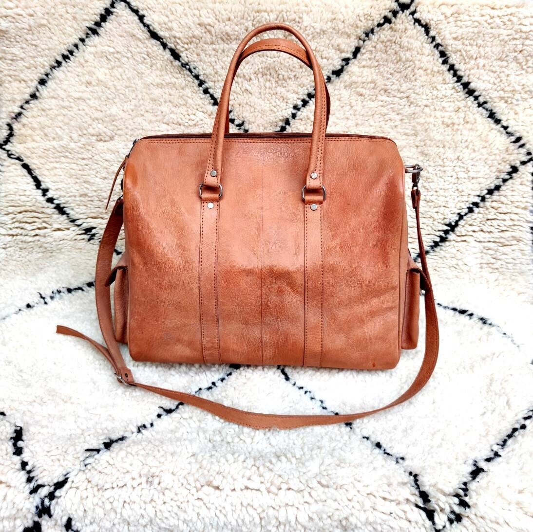 SAC DE VOYAGE EN CUIR - Beige / Vert | France