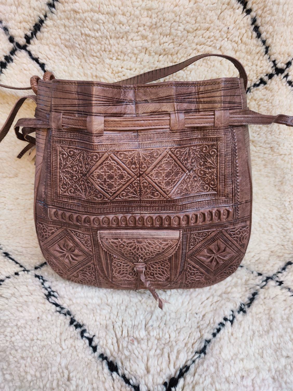 Sac Seau En Cuir Naturel Marocain Avec Franges - Taille Moyenne - Style Boho Vintage - Neuf