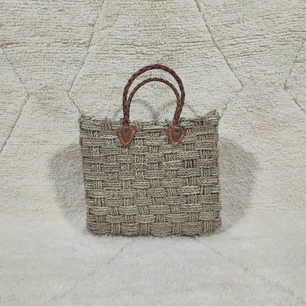 FRENSH Market Basket Bag con asas de cuero, Panier en paille marocain fait main, bolsa de cesta marroquí, mejor regalo para ella